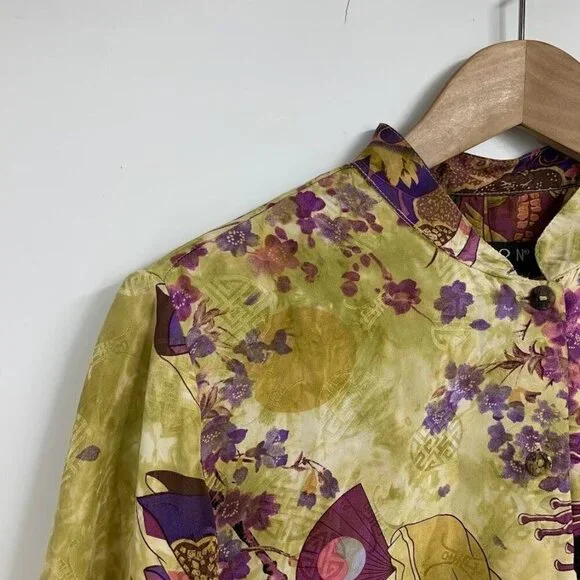 Citron Santa Monica Women's‎ 100% Silk Cherry Blossom Half Sleeve Button Up SZ S - Picture 3 of 11